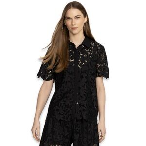 Johnny Was Kitt Eyelet Lace Button down shirt‎ black XS unlined polyester cotton